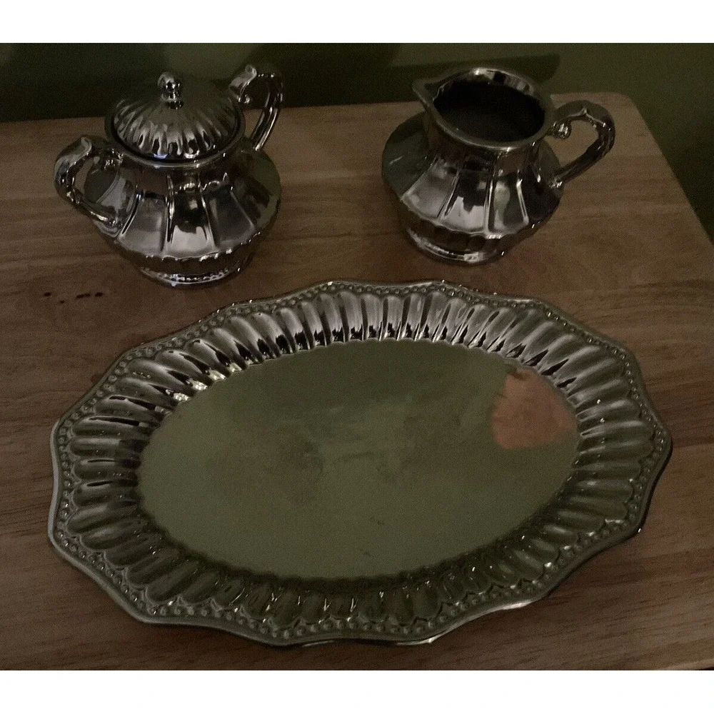 Silverado Lusterware Godinger Silver Plated Cream And Suger Bowls With‎ Platter